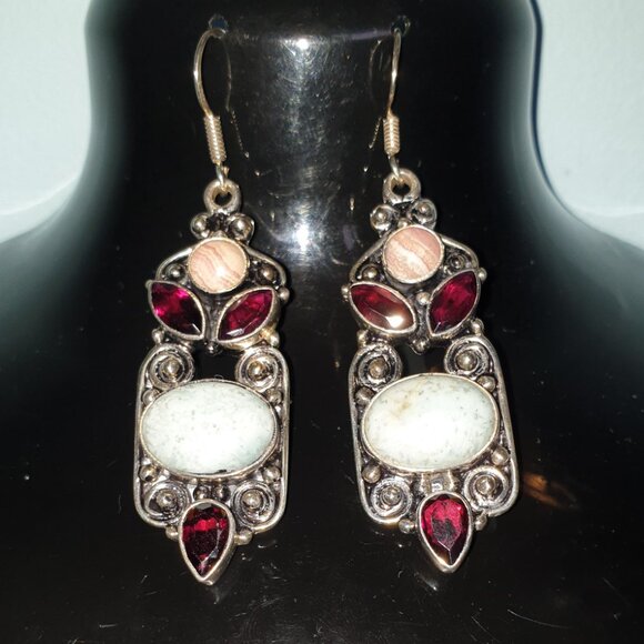 Victorian Genuine NATURAL Garnet, Rhodolite & Variscite 925 Silver Earrings - Picture 10 of 14